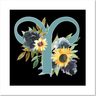 Aries Horoscope Zodiac Blue Sunflower Design Posters and Art